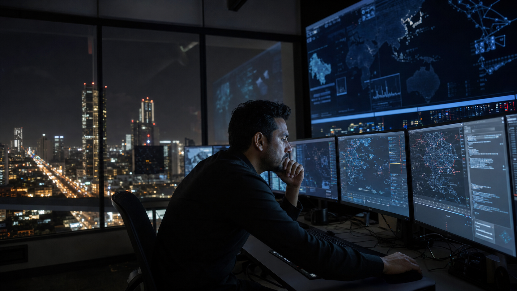 Especialista revisa pantallas con alertas de seguridad digital en un centro de monitoreo mientras una ciudad mexicana se refleja en el vidrio, con ambiente de vigilancia y tensión tecnológica.
