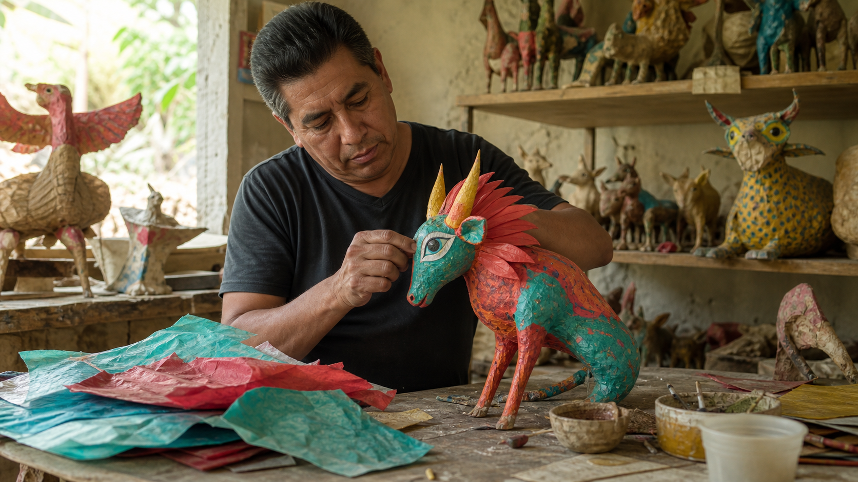 Artesano trabaja una figura de cartonería en un taller mexicano con papel, pinturas y herramientas sobre la mesa