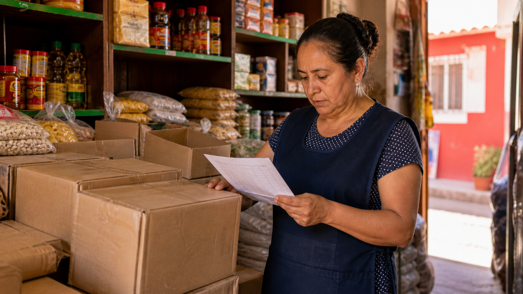 Dueña de una tienda revisa cajas y una hoja de inventario junto al mostrador
