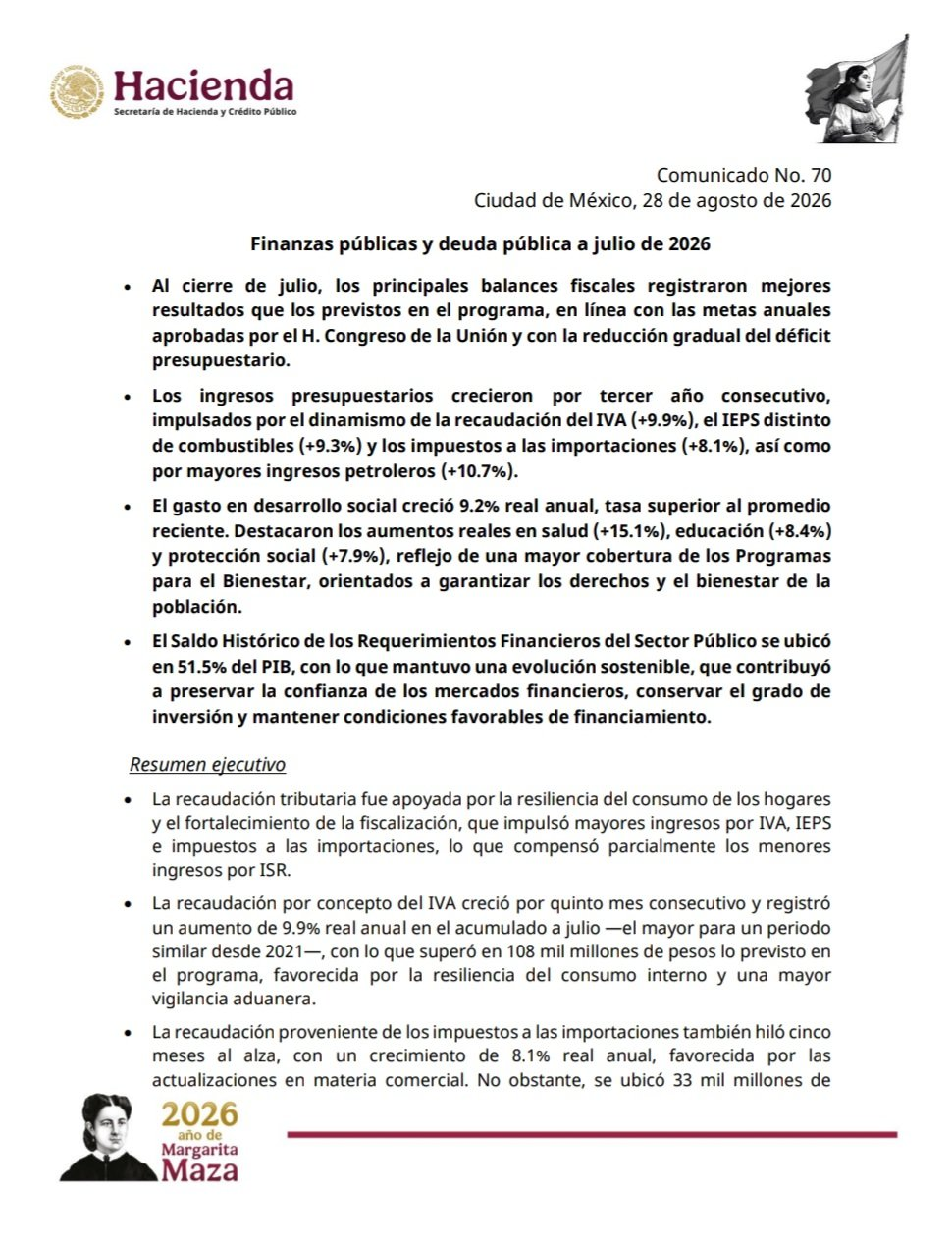 Comunicado de Hacienda sobre las finanzas públicas y la deuda de México a julio de 2026