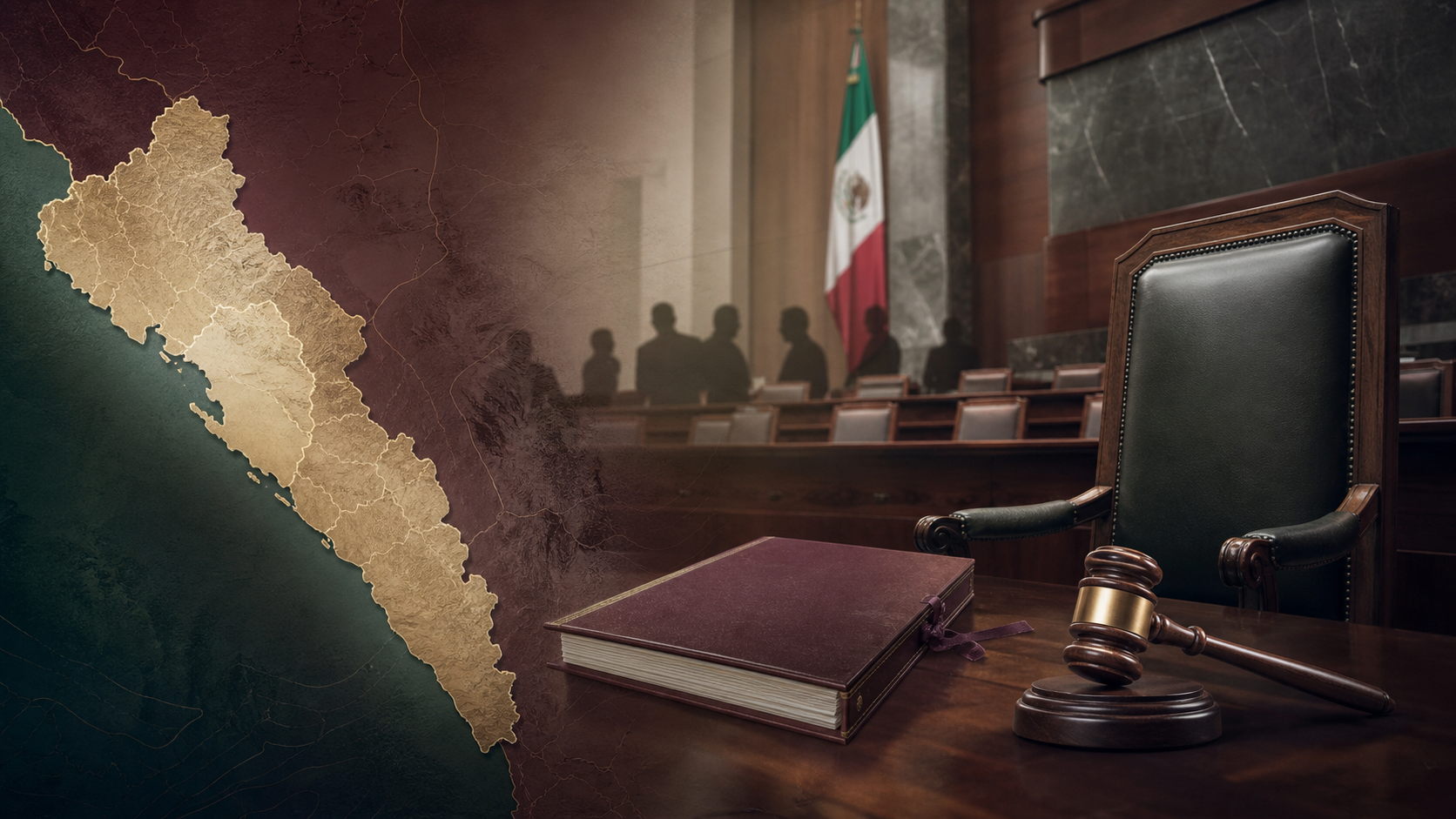 Mapa de Sinaloa, silla vacía y mazo legislativo simbolizan el proceso para nombrar gobernador interino