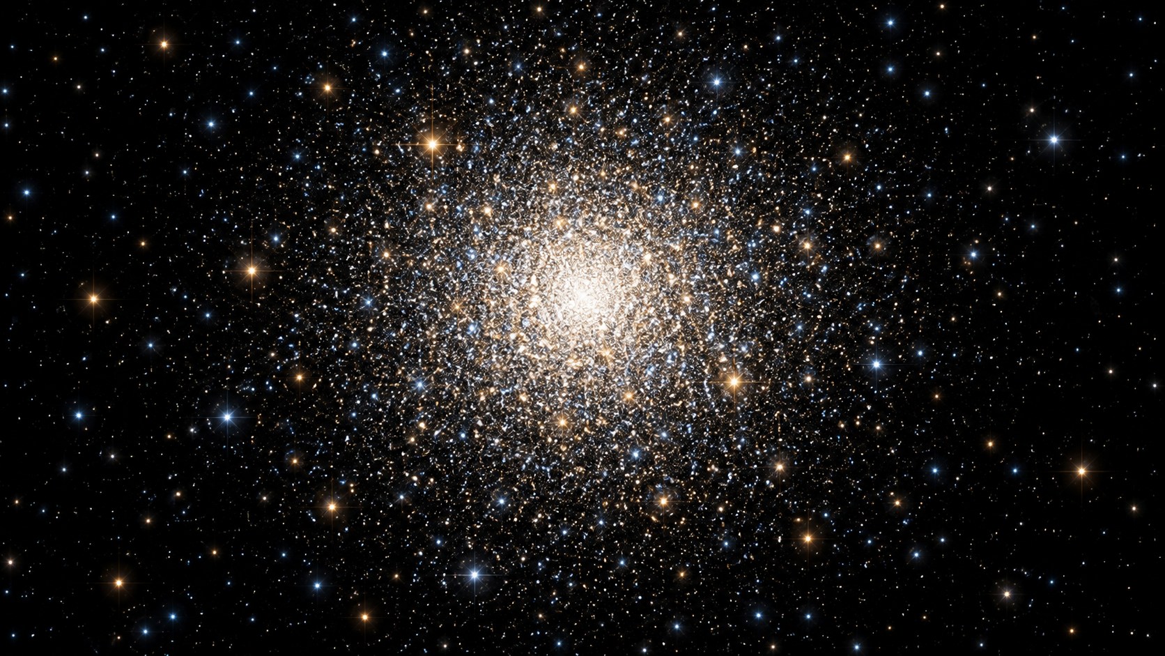 Ilustración editorial de un cúmulo globular densamente poblado por estrellas blancas y doradas.