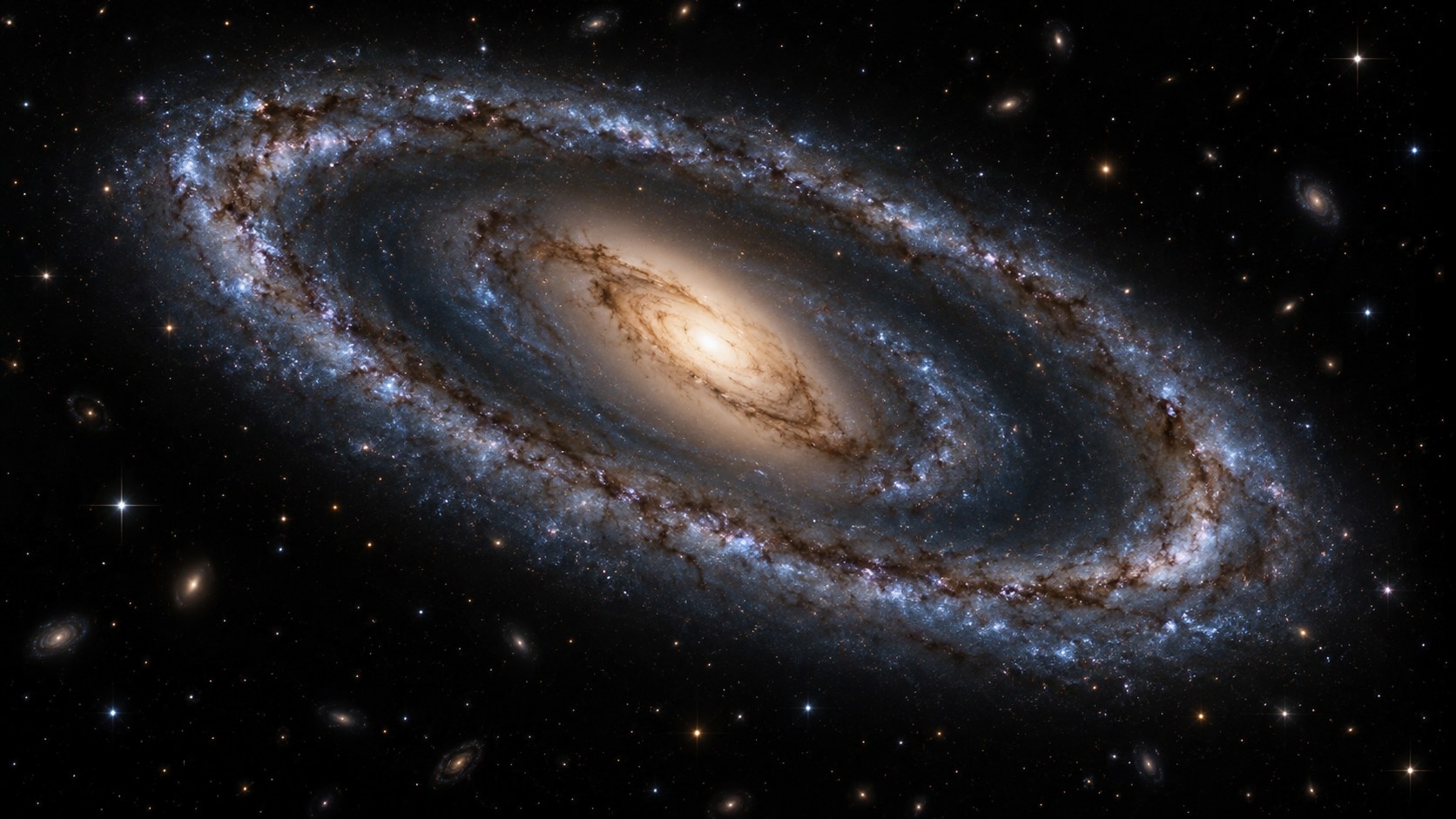 Ilustración editorial de una galaxia espiral con brazos externos y una región central alargada de orientación diferente.