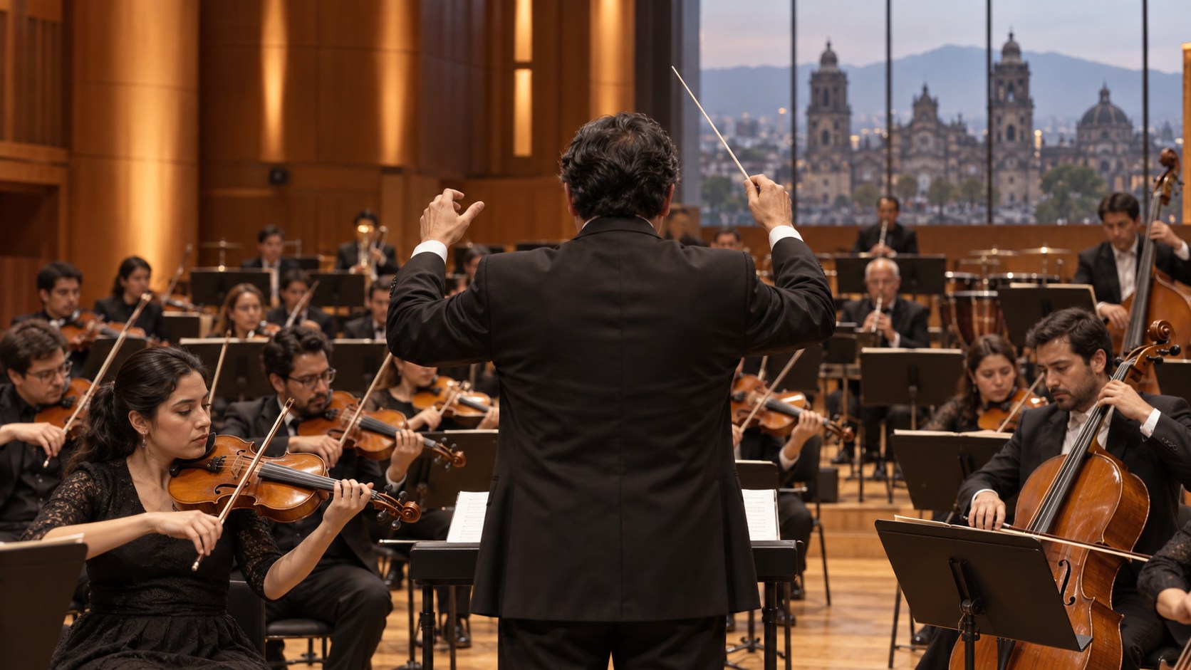 Ilustración editorial de una orquesta sinfónica ensayando bajo la conducción de un director visto de espaldas.