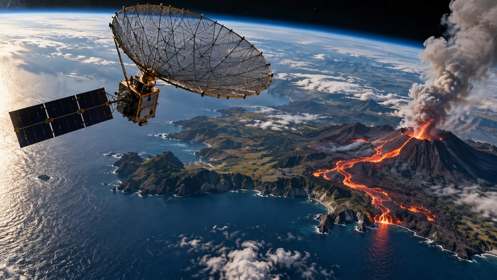 Ilustración científica de un satélite de radar sobre la Tierra y una región volcánica; no son datos reales de NISAR.