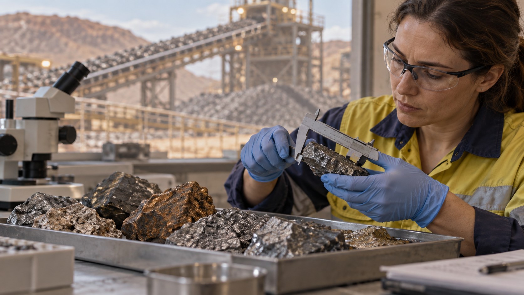 Ilustración de una técnica examinando muestras minerales en un laboratorio junto a instalaciones industriales.