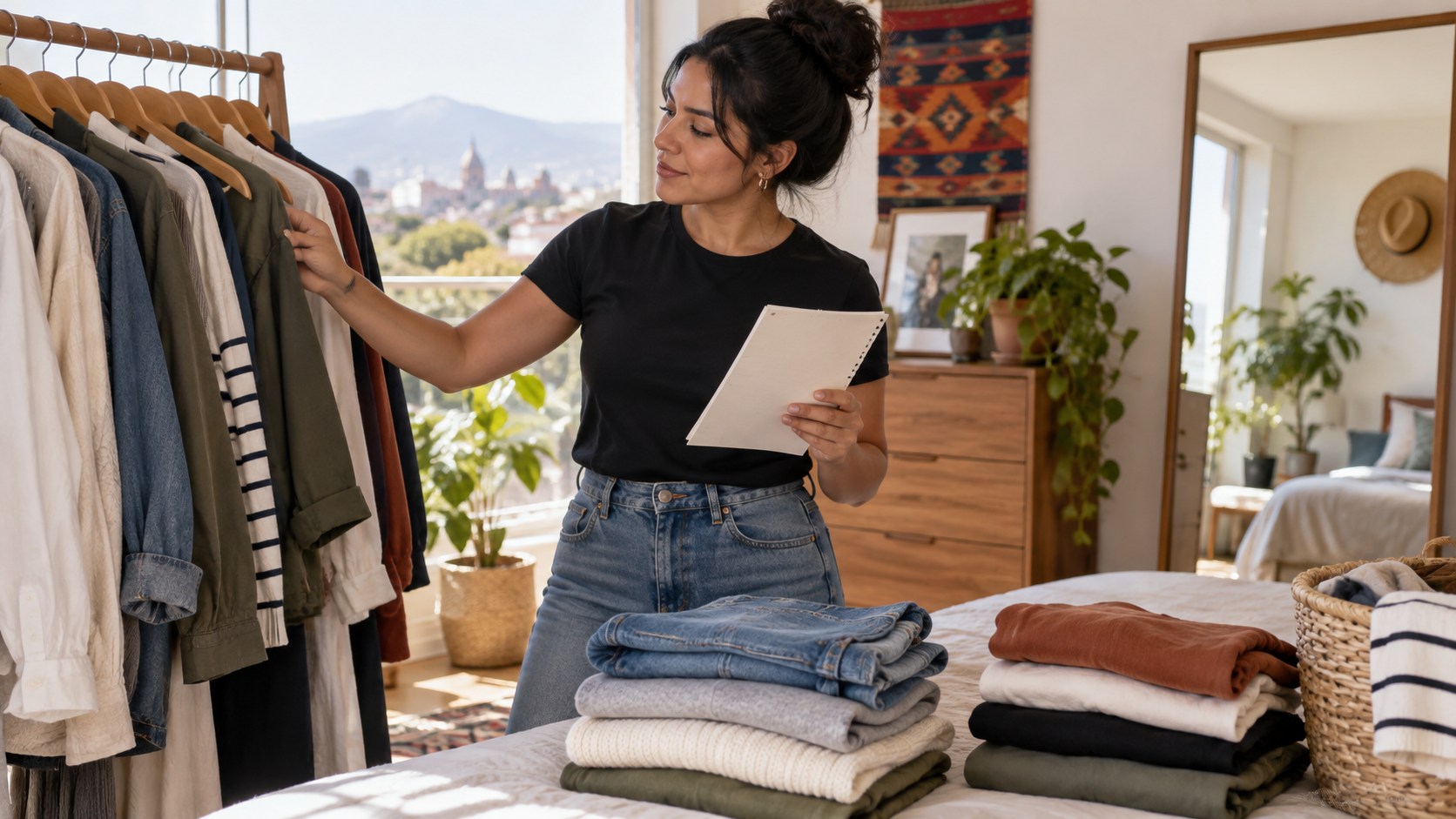 Ilustración de una persona revisando y doblando su ropa antes de planear nuevas compras.
