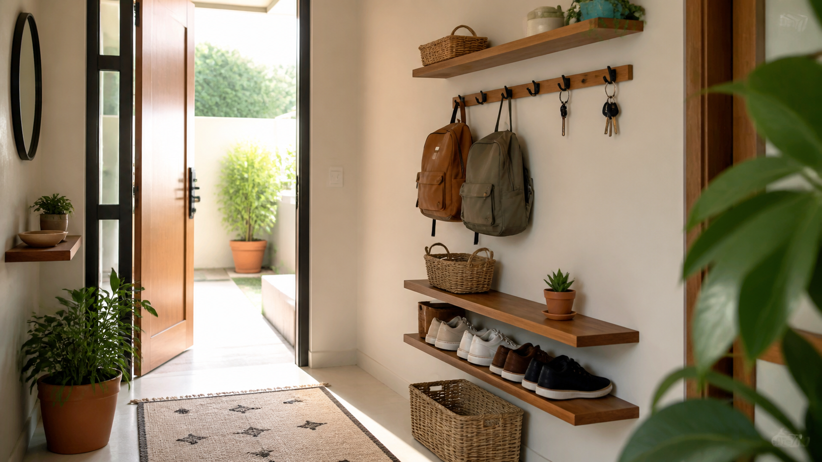 Recibidor de una vivienda mexicana con ganchos, repisas y canastas verticales para llaves, bolsas y zapatos