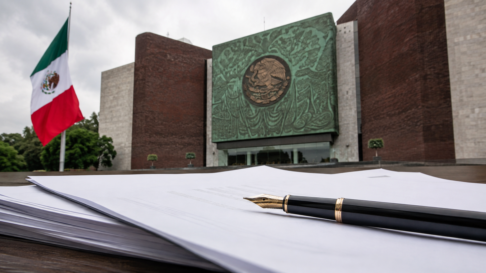 Edificio del Congreso de México detrás de documentos y una pluma, imagen editorial sobre reformas constitucionales y legales.