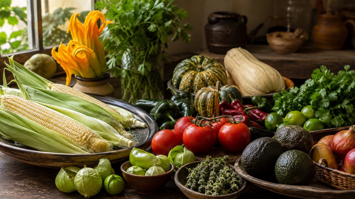 Ingredientes mexicanos de temporada listos para una preparación casera en la cocina