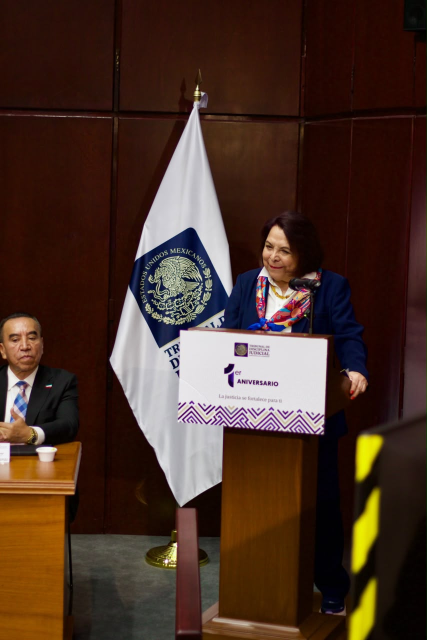 Celia Maya García durante su intervención en el primer aniversario del Tribunal de Disciplina Judicial