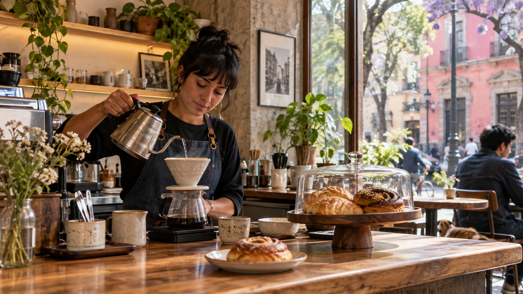 Cafetería de barrio en la Ciudad de México con café servido en cerámica y una calle urbana al fondo.