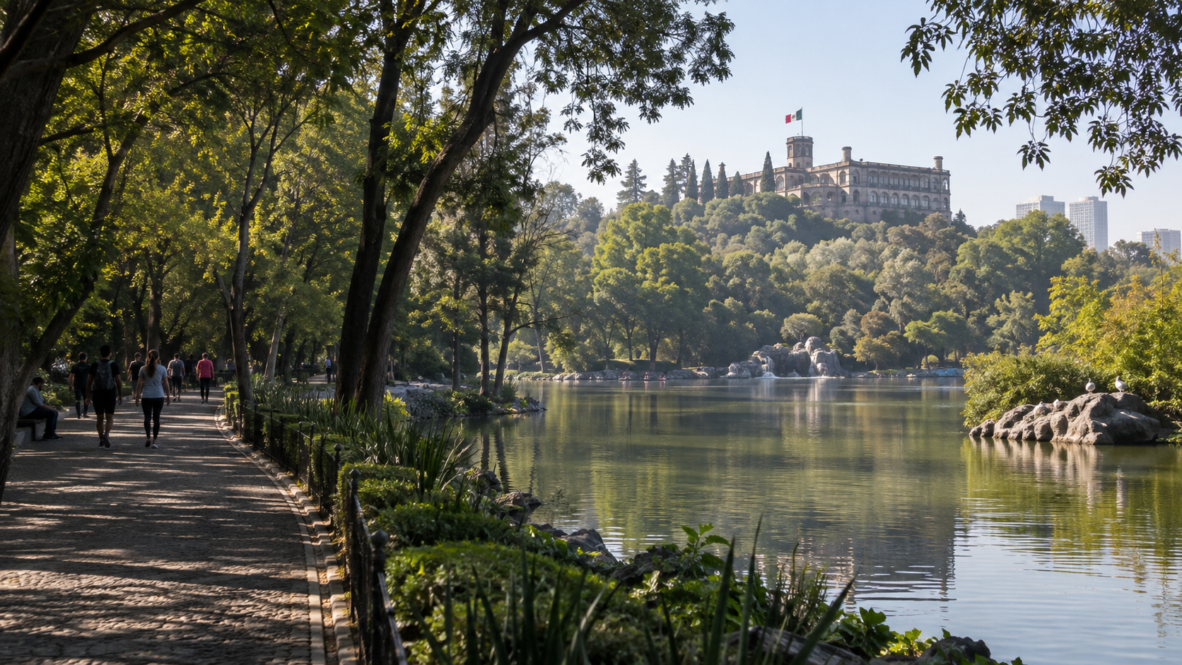 Sendero arbolado del Bosque de Chapultepec con el lago y el castillo al fondo en la Ciudad de México.