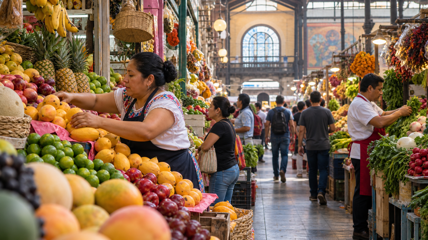 Mercado público de la Ciudad de México con puestos y visitantes
