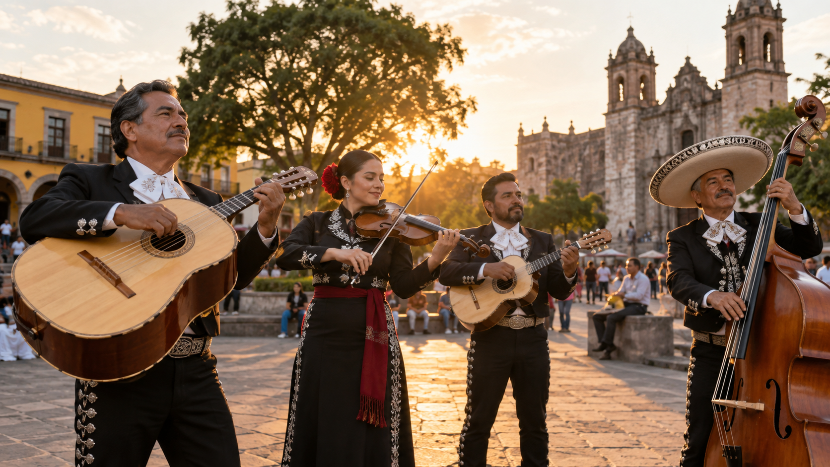 Músicos mexicanos tocando en una plaza comunitaria
