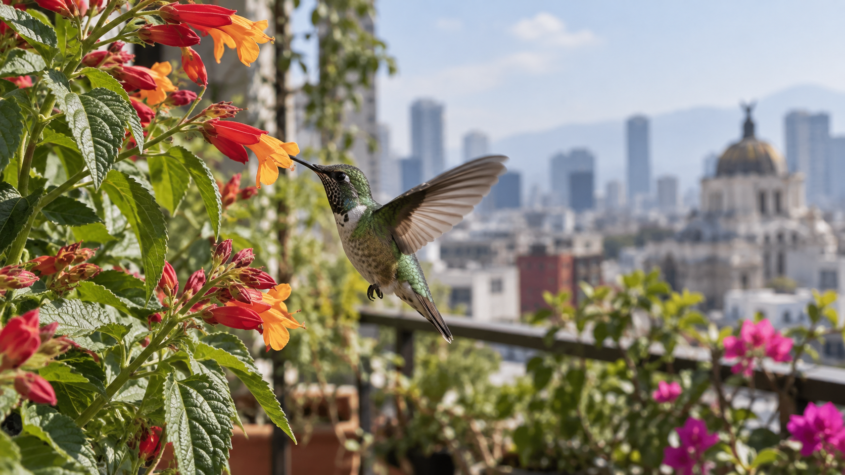 Colibrí alimentándose de flores en un jardín urbano de CDMX