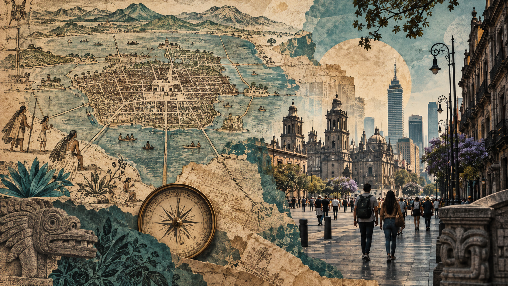 Mapa ilustrado de calles y capas de memoria urbana