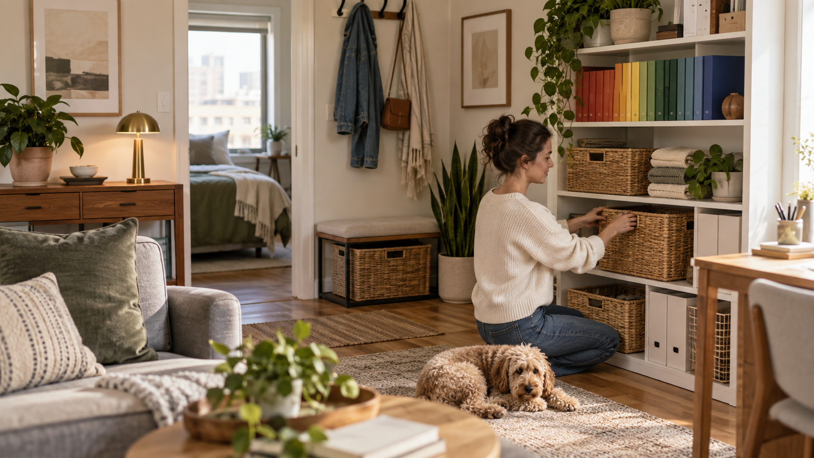 Hogar urbano pequeño organizado con soluciones de almacenamiento