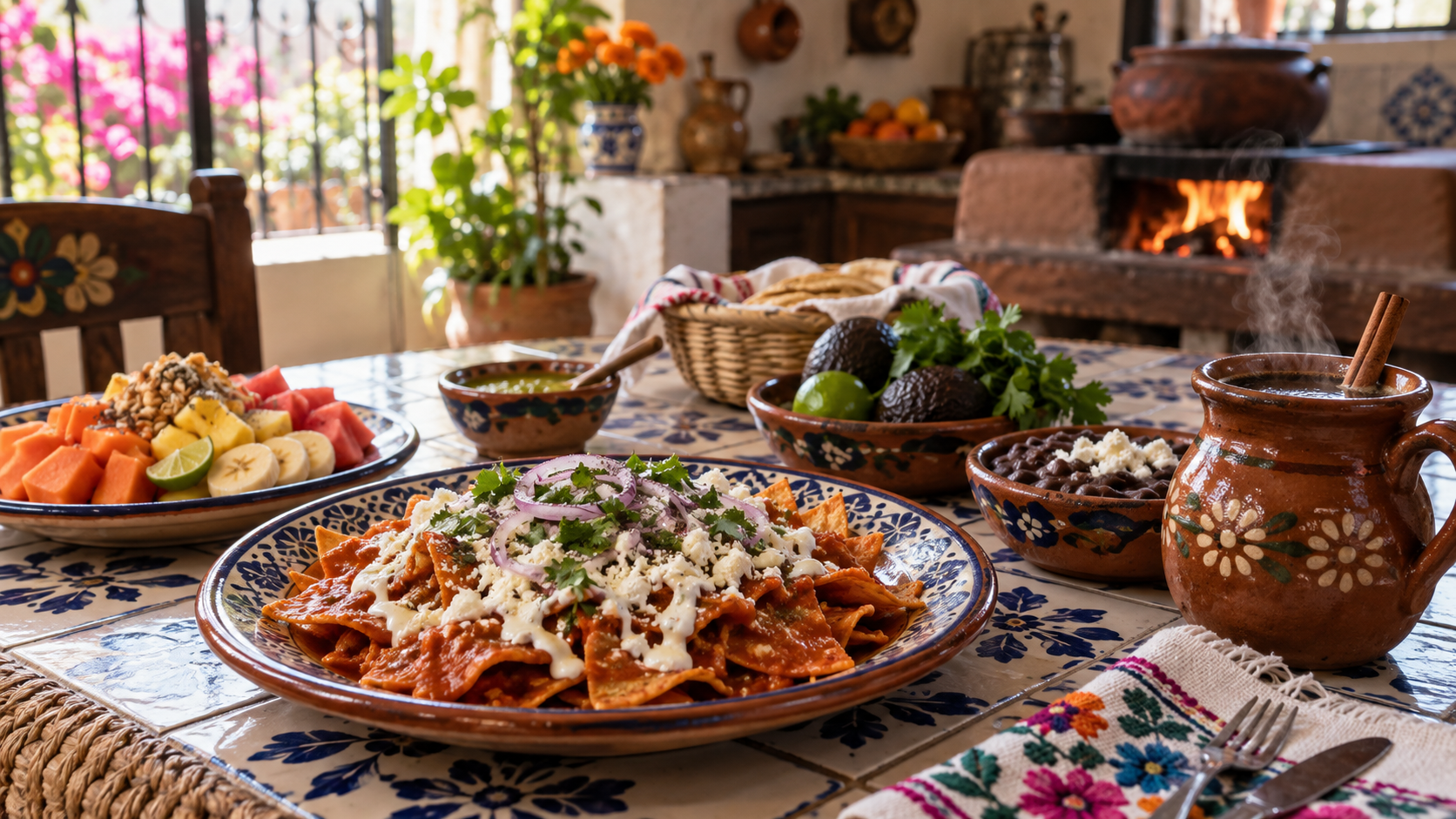 Desayuno mexicano de temporada servido en vajilla tradicional