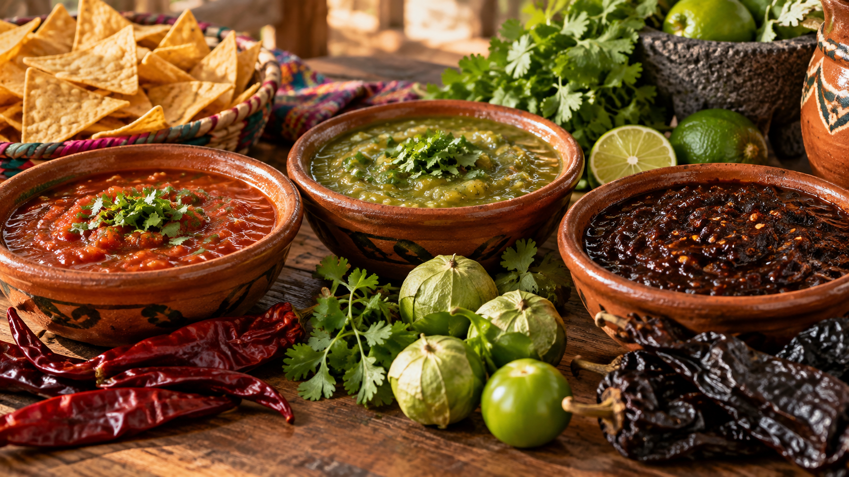 Salsas mexicanas de distintos colores y texturas en mesa de barro