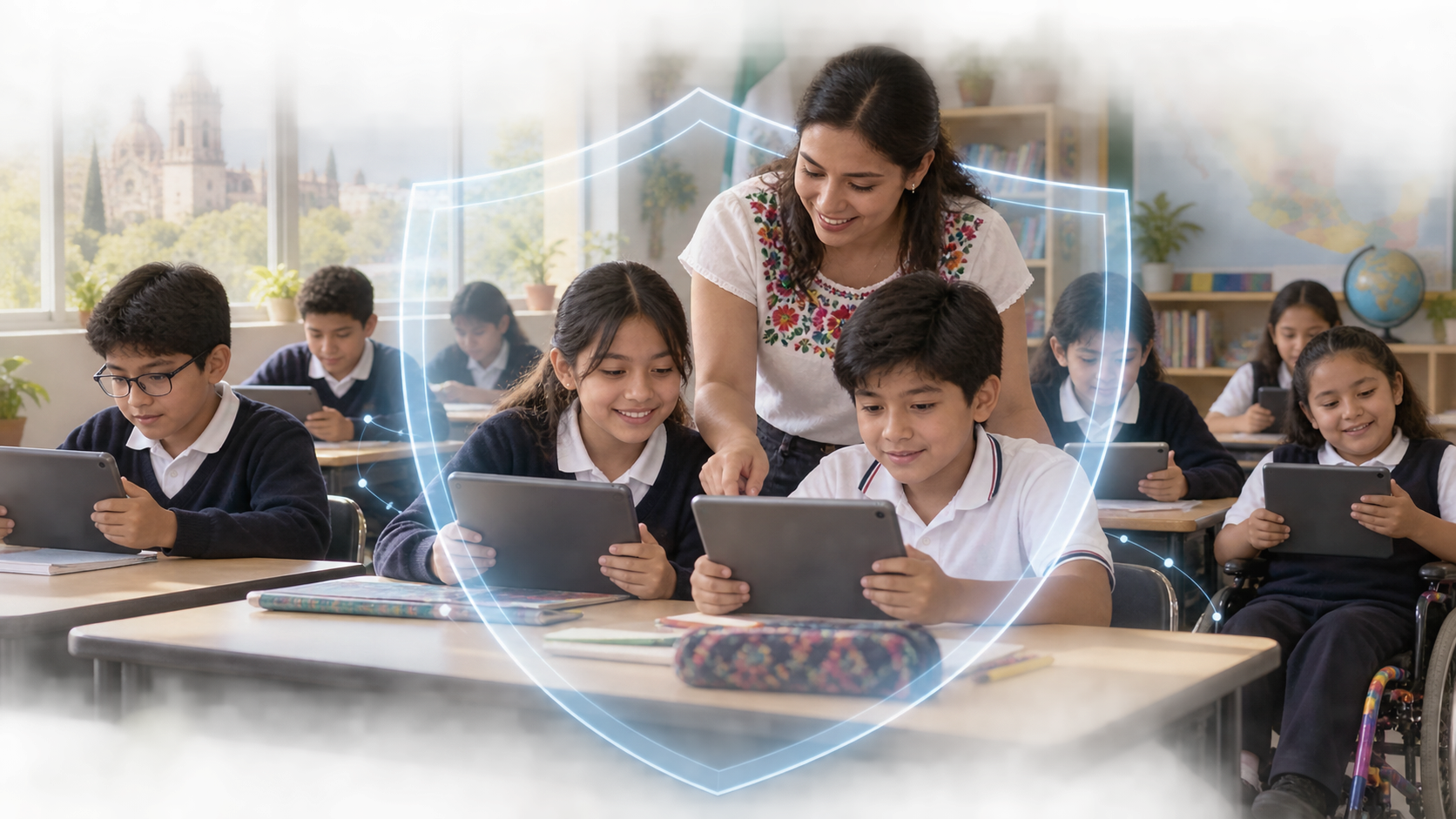 Aula con docente y herramientas digitales de inteligencia artificial