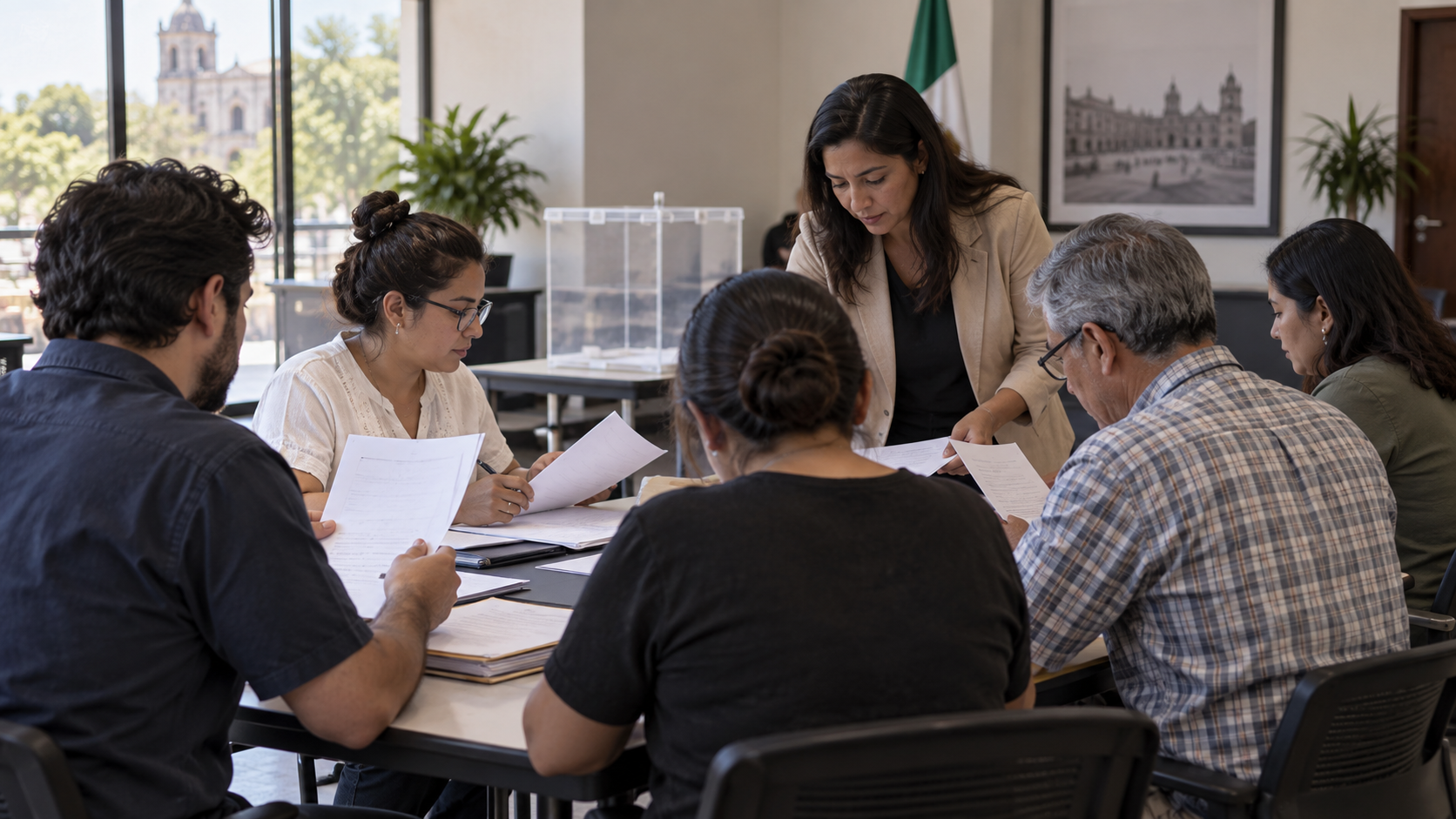 Ilustración generada con IA de personas revisando documentos de organización electoral en una mesa de trabajo.