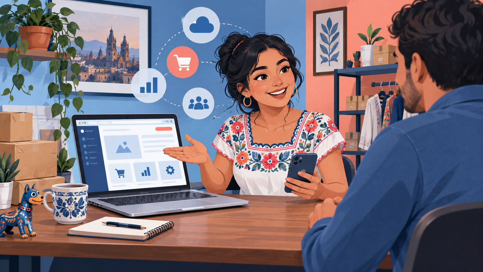 Emprendedor ofreciendo servicios digitales desde una computadora