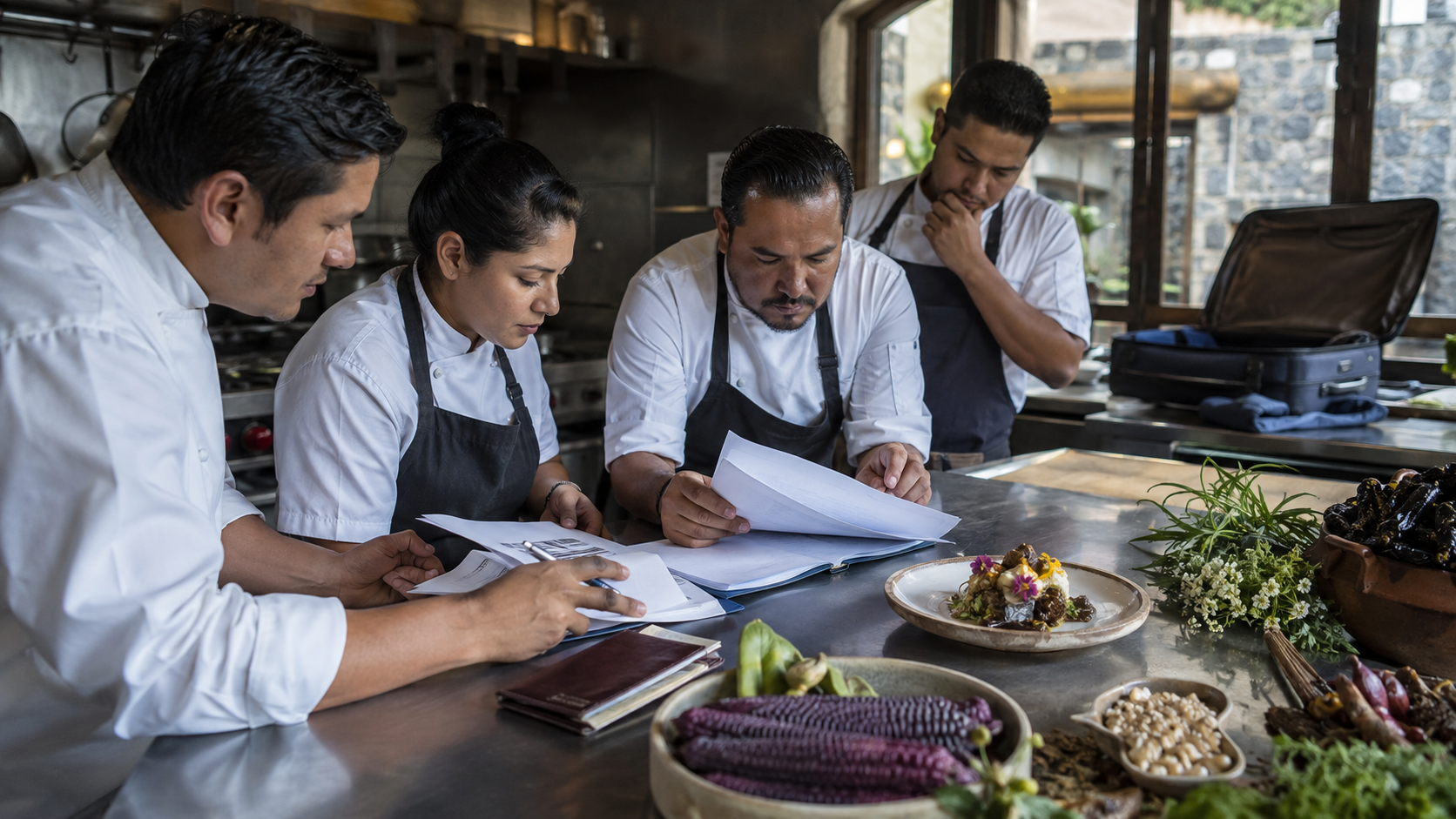 Chef y brigada mexiquense revisan documentos y un platillo listo para una convocatoria gastronómica internacional, escena documental mexicana.