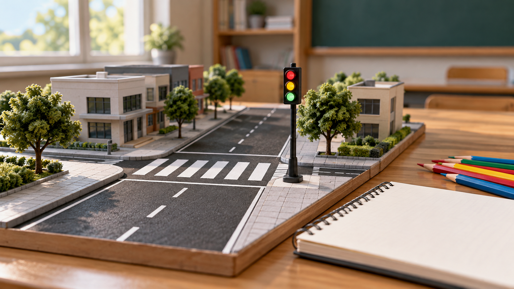 Maqueta de un cruce peatonal con semáforo y materiales de aula, en una ilustración editorial.