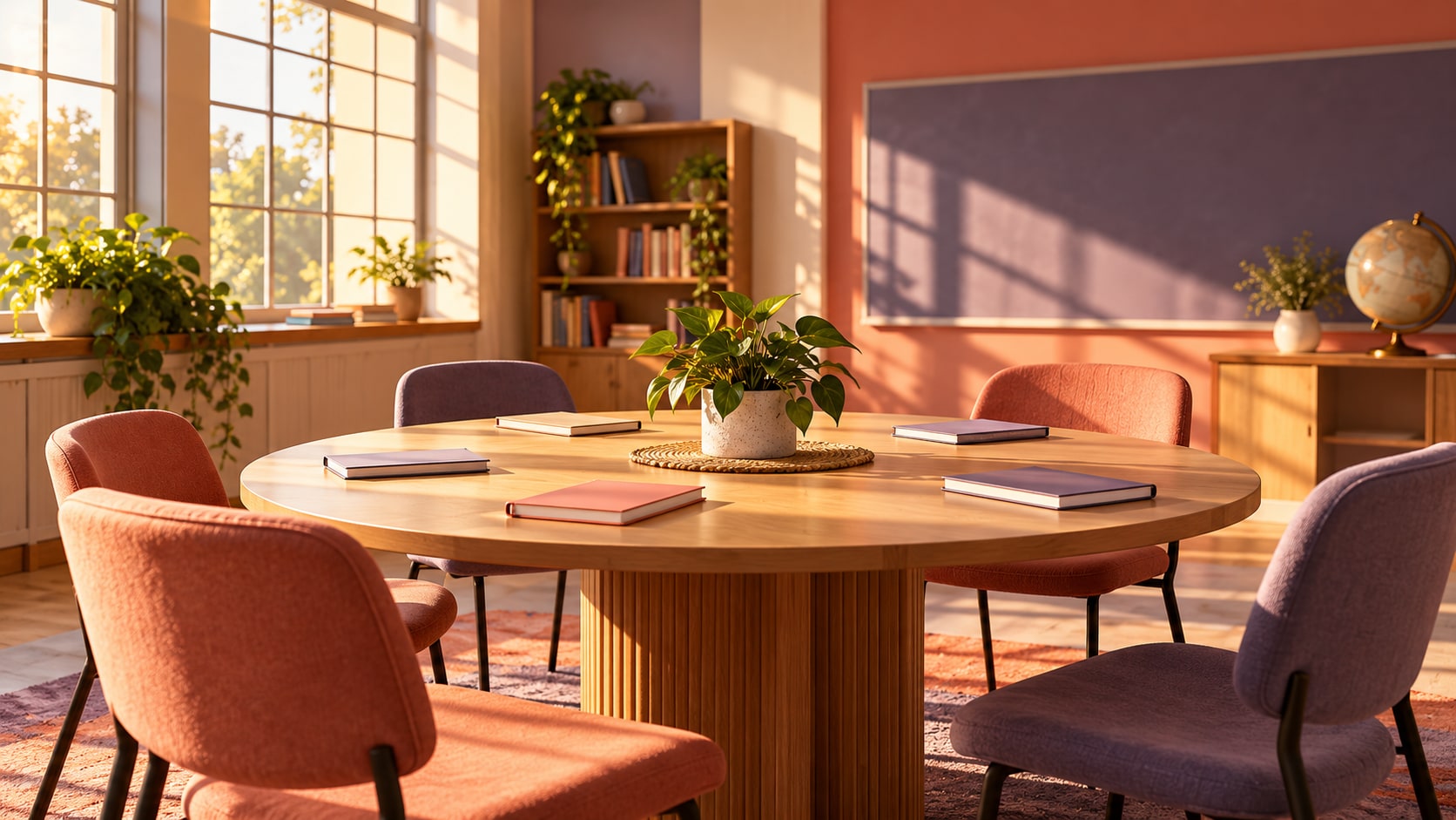 Mesa de trabajo y cuadernos en un aula comunitaria imaginaria.