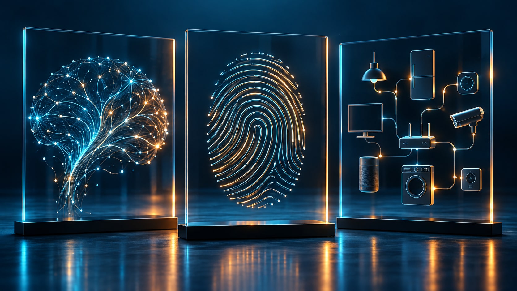 Tres paneles abstractos sobre señales neuronales, identidad y dispositivos conectados.
