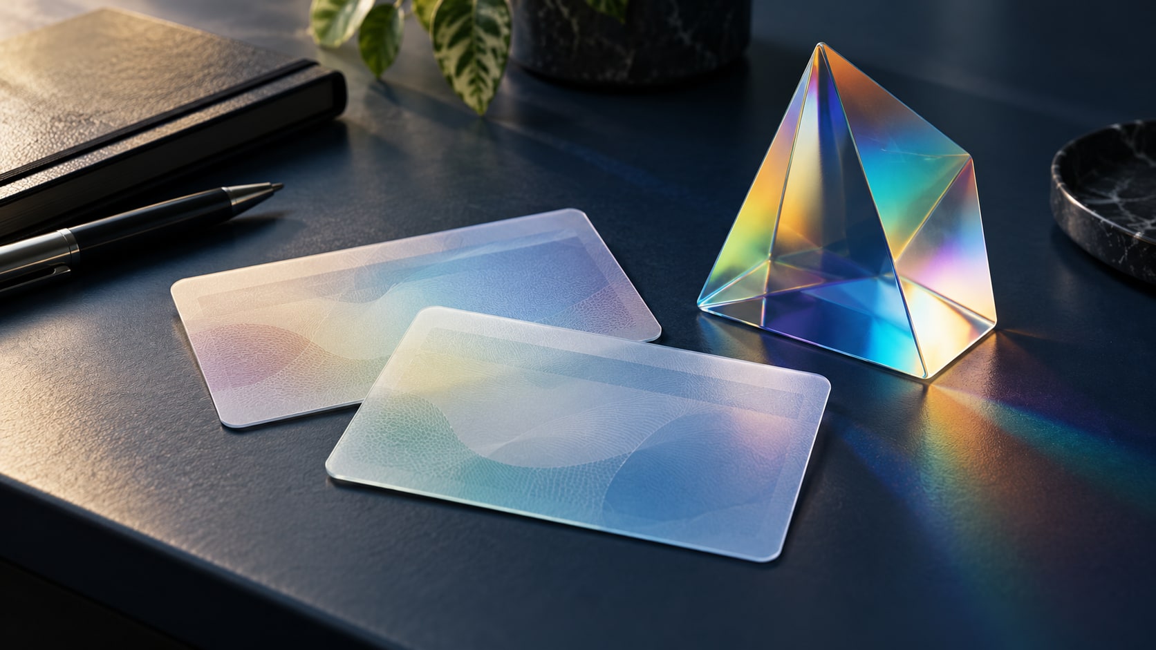 Tarjetas de identificación ficticias sin datos junto a un prisma de colores.