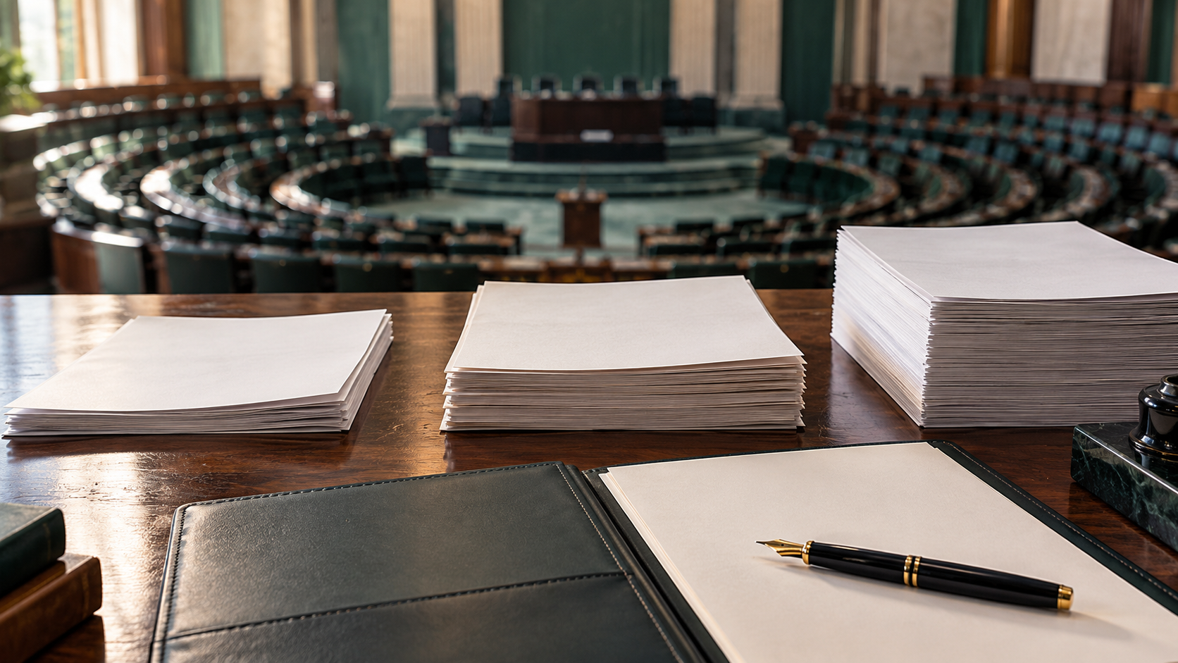 Ilustración de documentos sin texto y una pluma sobre una mesa, con un hemiciclo legislativo vacío y desenfocado al fondo.