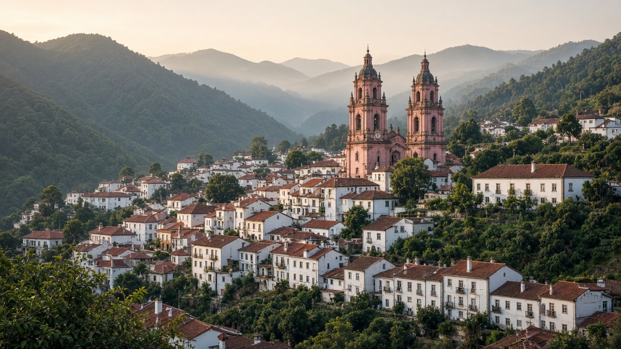 Vista ilustrativa de un pueblo de casas blancas con techos de teja y torres de iglesia entre montañas