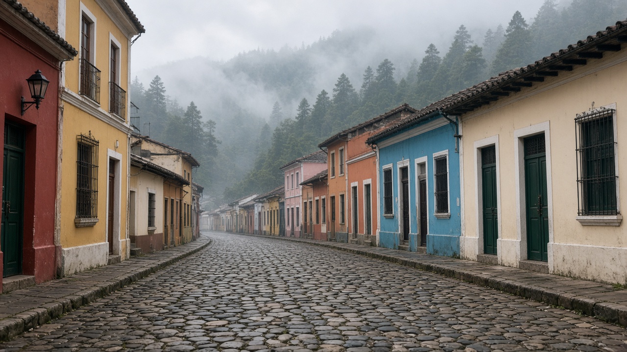 Vista ilustrativa de una calle empedrada con fachadas coloniales de colores y montañas con niebla