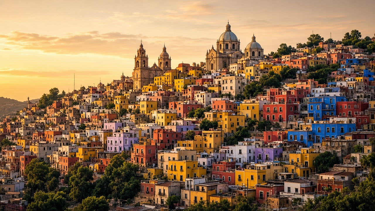Vista ilustrativa de una ciudad colonial de casas de colores sobre colinas al atardecer