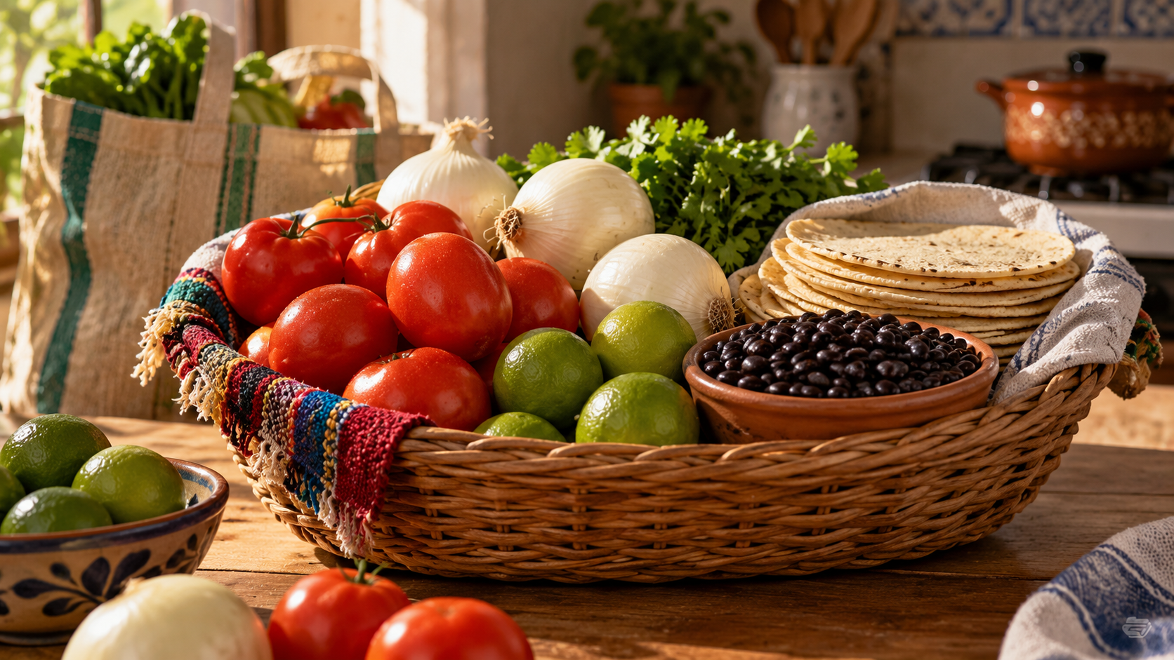 Ilustración editorial de una canasta con jitomates, cebollas, limones, frijoles y tortillas.