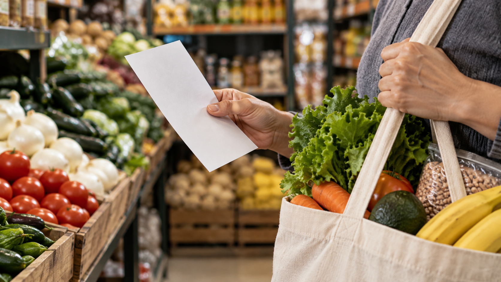 Ilustración editorial de manos adultas con una lista en blanco y una bolsa de compras en un mercado.