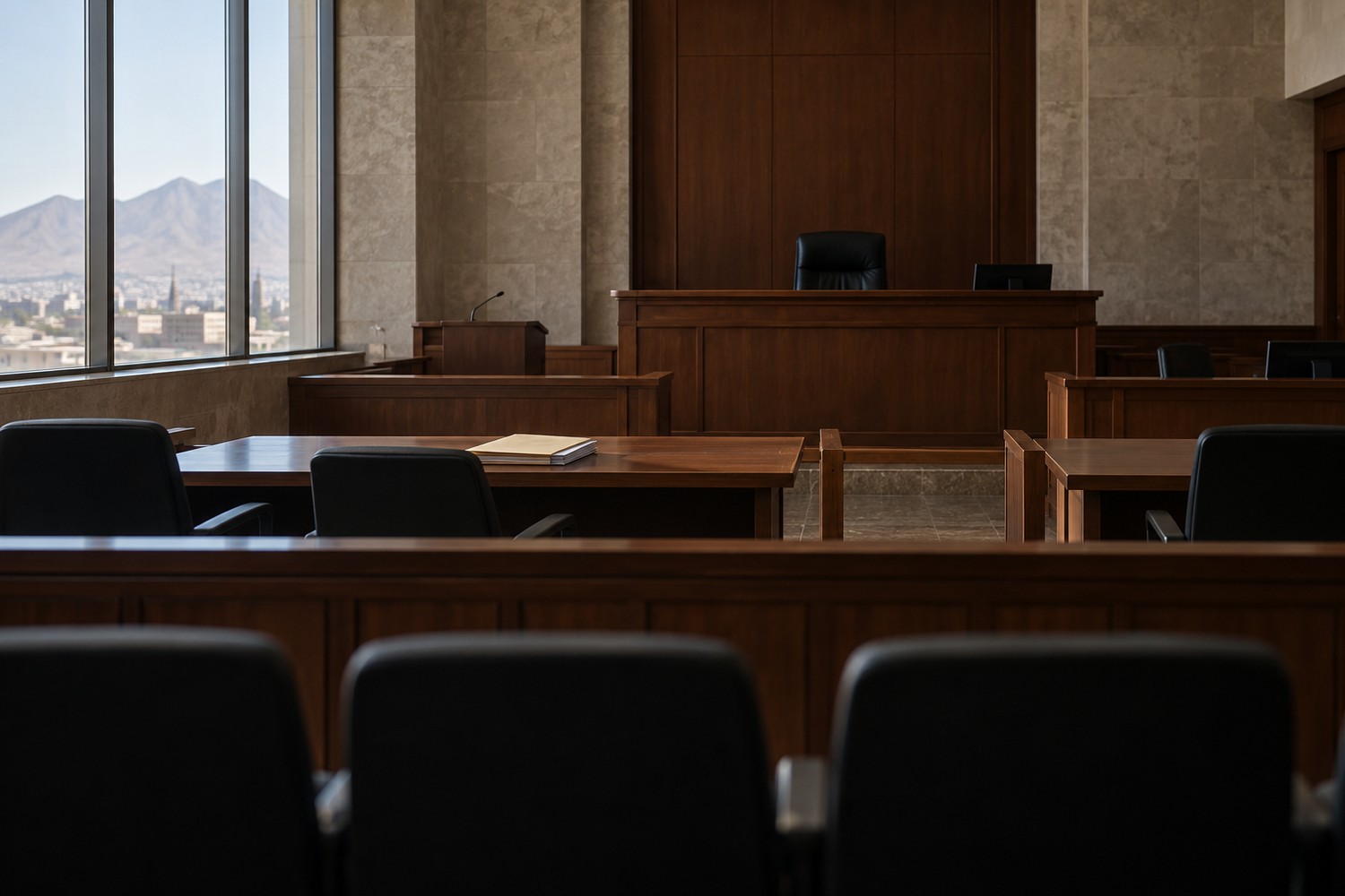 Sala de audiencia federal vacía en Ciudad Juárez, con expedientes sobre una mesa y sillas alineadas.