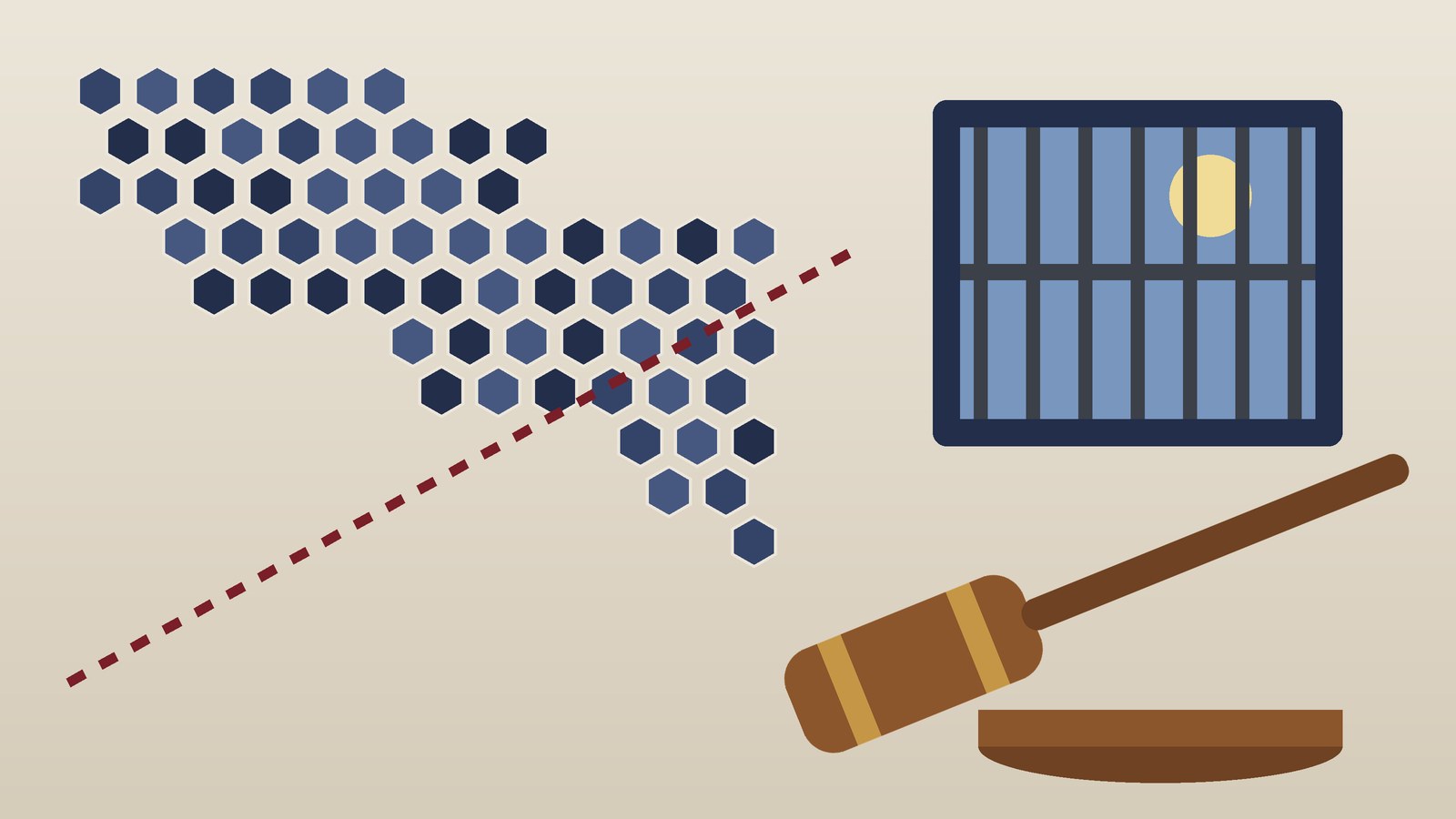 Ilustración conceptual de un mazo de juez sobre un mapa estilizado cruzado por una línea fronteriza y una ventana con barrotes, alusiva al delito de traición a la patria