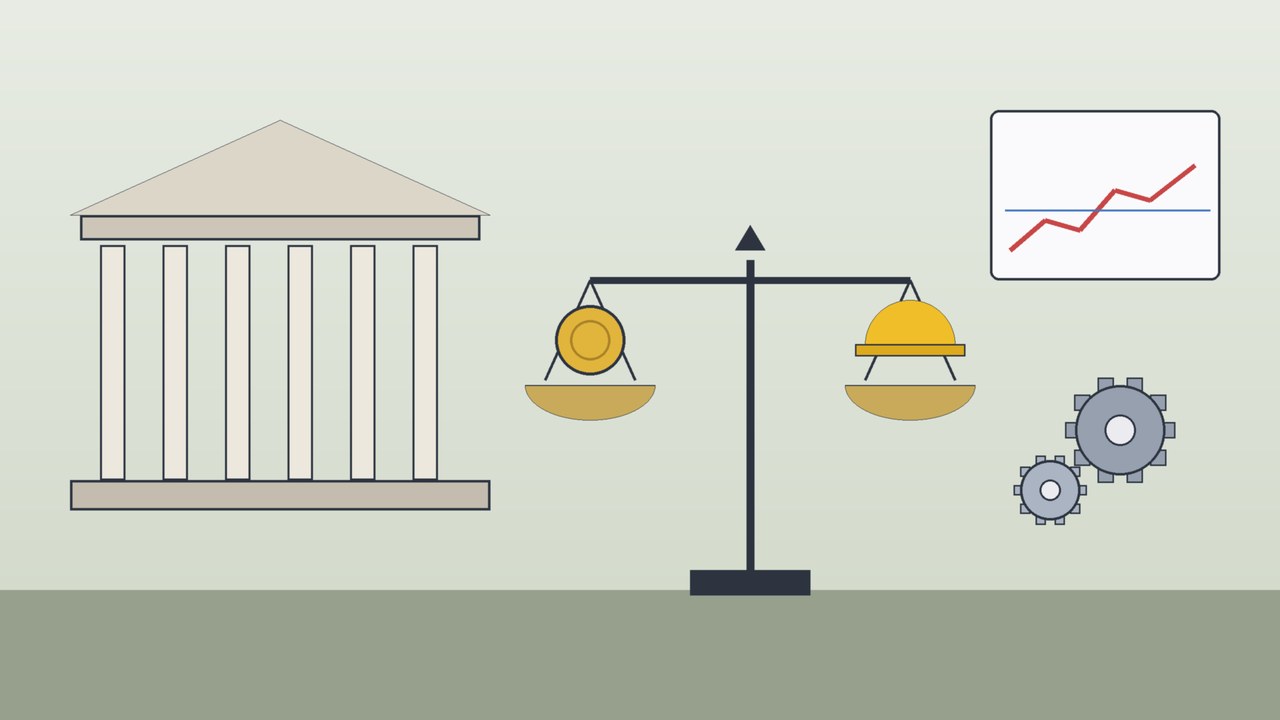 Ilustración conceptual de la fachada estilizada de un banco central con una balanza que sostiene de un lado una moneda y del otro un casco de trabajador, junto a engranes y una gráfica de inflación, alusiva al debate sobre el mandato del Banco de México