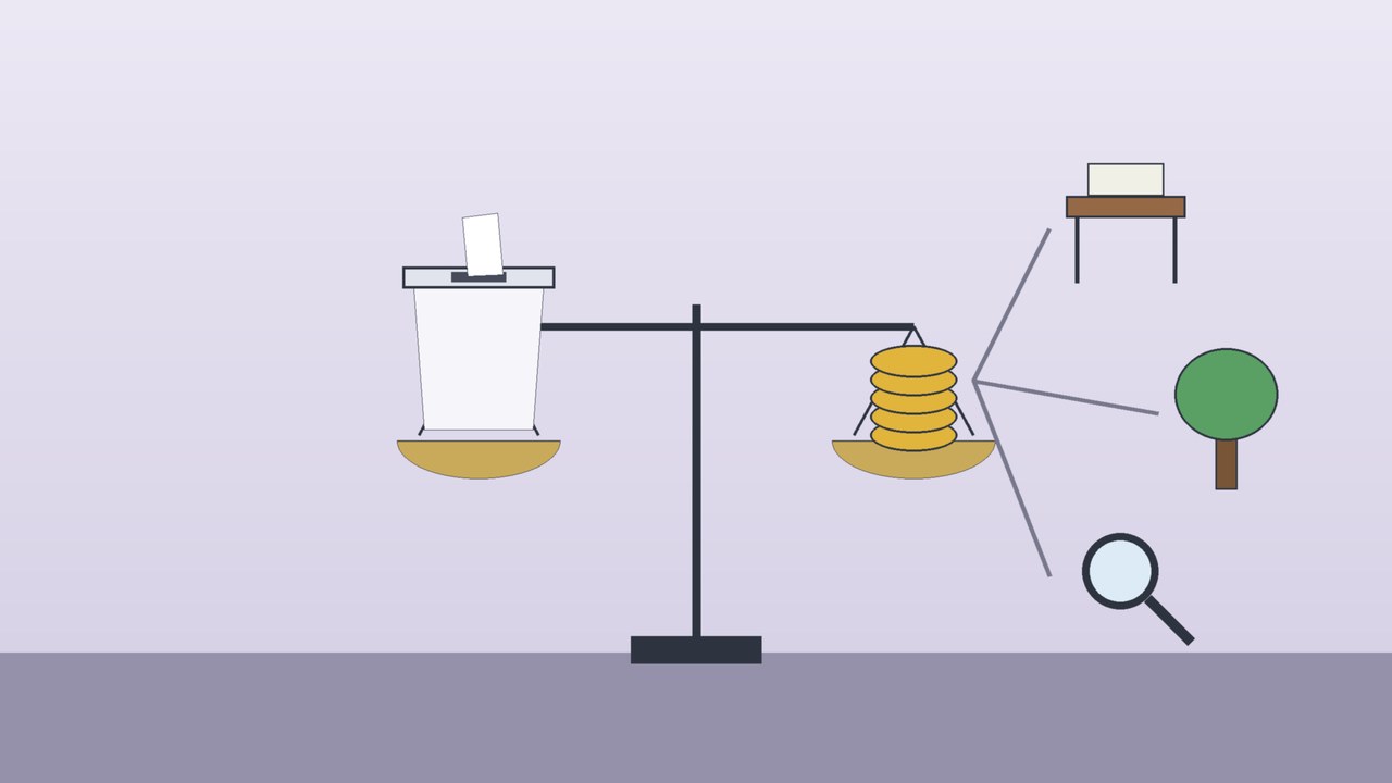 Ilustración conceptual de una urna electoral sobre una balanza con pilas de monedas que se reparten hacia un pupitre escolar, un árbol y una lupa, alusiva al recorte propuesto al presupuesto del INE para 2027