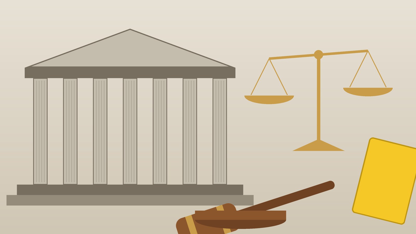 Ilustración conceptual del frontis de un recinto legislativo con un mazo, una balanza y una tarjeta amarilla de advertencia, alusiva a las sanciones a diputados