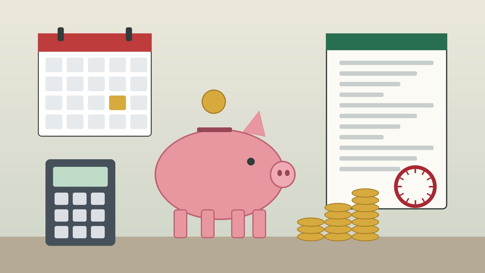 Ilustración conceptual de una alcancía con monedas, un calendario, una calculadora y un documento oficial con sello, alusiva a los cambios en las reglas de pensiones del IMSS