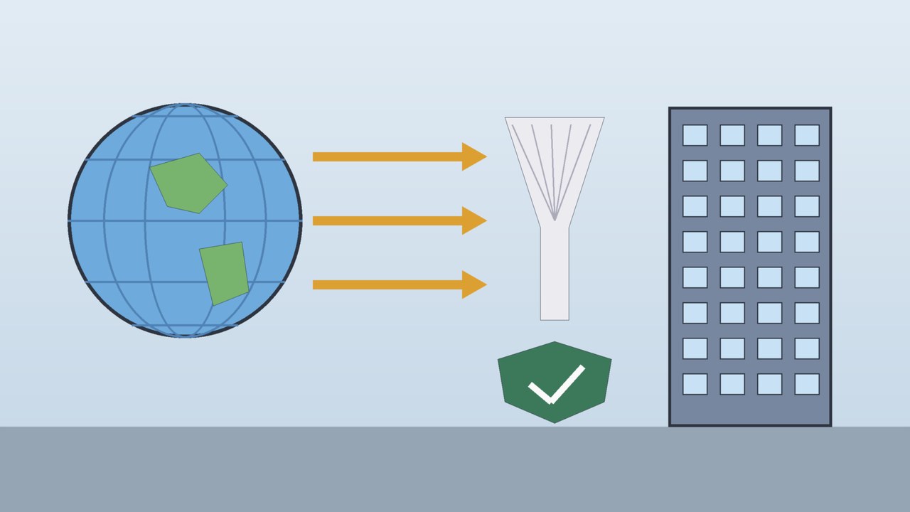 Ilustración conceptual de un globo terráqueo con flechas de inversión que llegan a un edificio corporativo, frente a un escudo y un filtro de revisión, alusiva al escrutinio de inversiones extranjeras por seguridad nacional en México