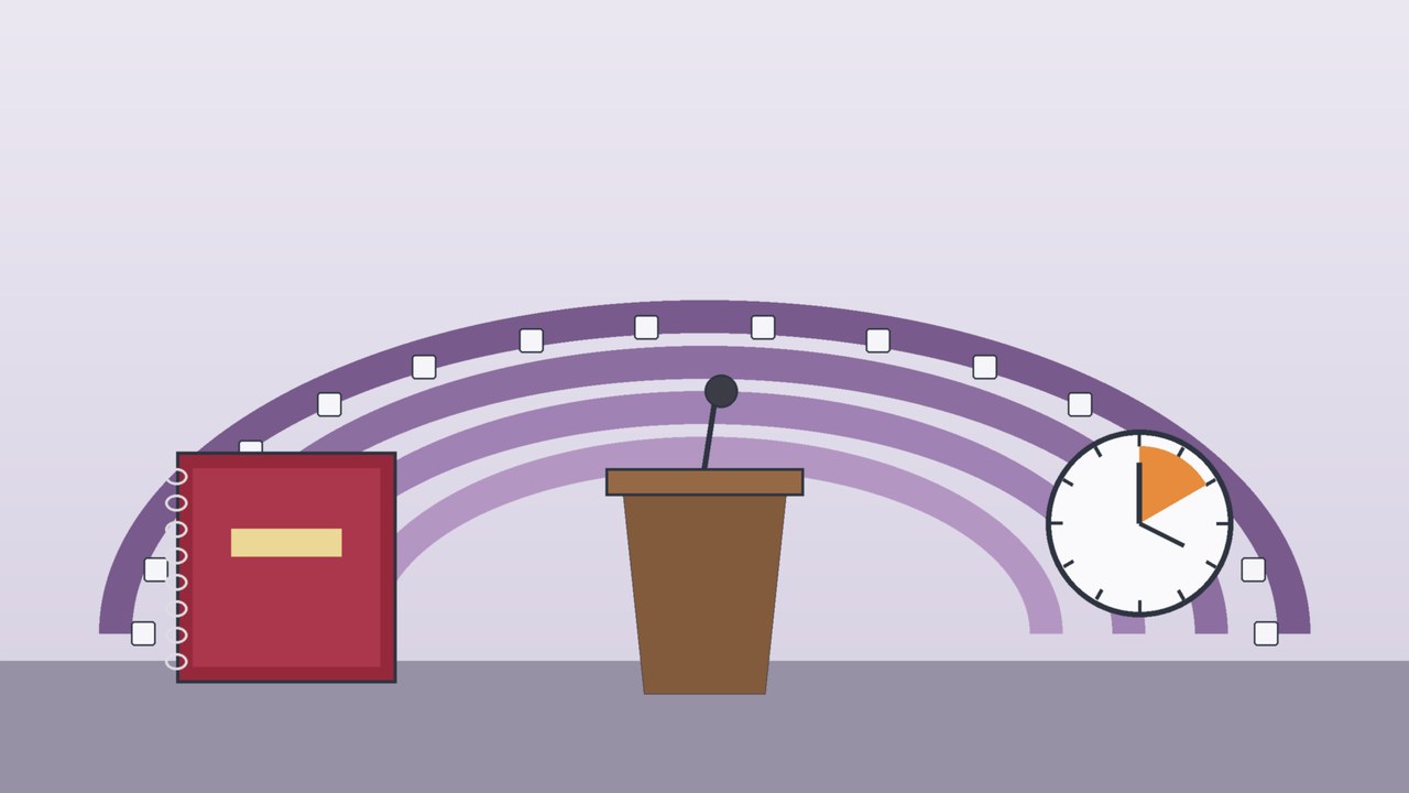 Ilustración conceptual de un atril con micrófono frente a un hemiciclo legislativo estilizado, con un documento encuadernado de informe y un reloj de turnos de intervención, alusiva a las comparecencias de la glosa del Informe de Gobierno