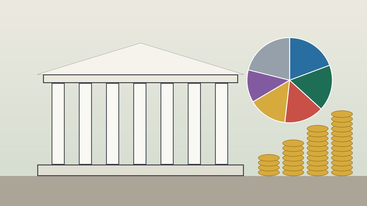 Ilustración conceptual de un edificio con columnas, una gráfica de pastel y pilas de monedas, alusiva a la discusión del Presupuesto de Egresos de la Federación 2027