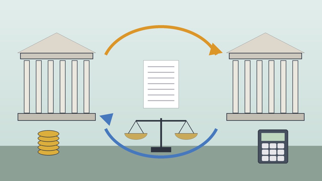 Ilustración conceptual de un documento legislativo que viaja con flechas entre dos recintos parlamentarios, junto a una balanza, monedas y una calculadora, alusiva a la minuta de la reforma al ISR devuelta a la Cámara de Diputados