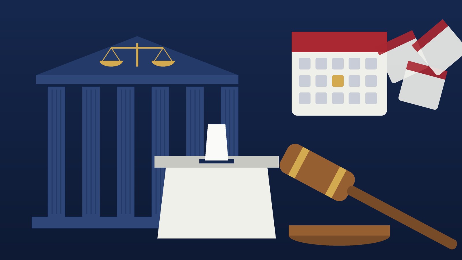 Ilustración de un mazo de juez junto a una urna, un calendario con hojas que vuelan y columnas de un tribunal al fondo, alusiva a la elección judicial de 2028