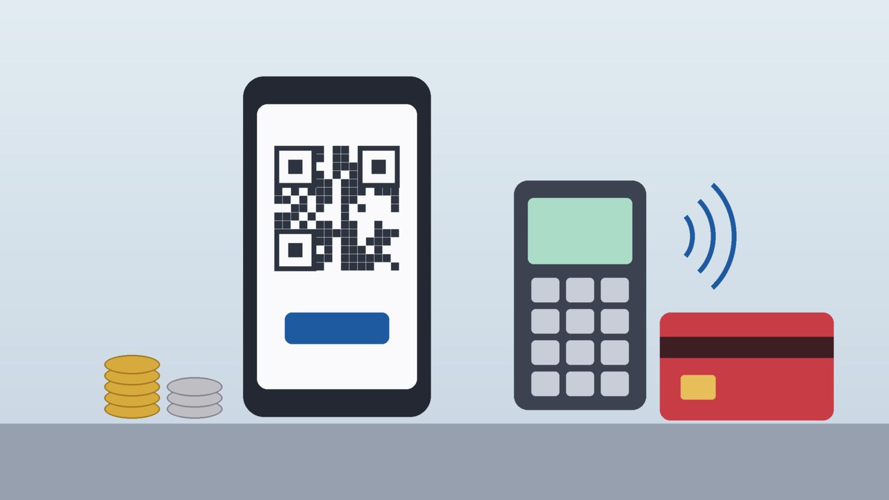 Ilustración conceptual de un teléfono inteligente con un código QR, una terminal de cobro, una tarjeta bancaria y monedas, alusiva a la Ley de Economía Digital para pagos electrónicos en México